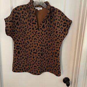 THML Brown and Tan Boxy Blouse with Mandarin Collar
